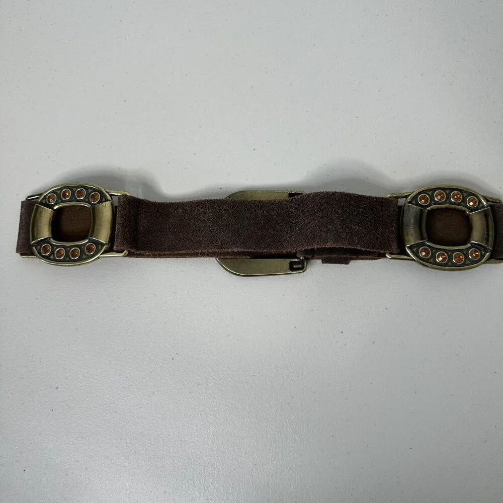 Steve Madden Belt Brown Suede Leather Brass Buckle‎ Rhinestone Size M